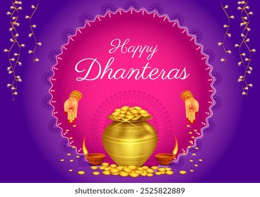 vector illustration of Gold Kalash with decorated diya for Happy Dhanteras Diwali festival holiday celebration of India greeting background