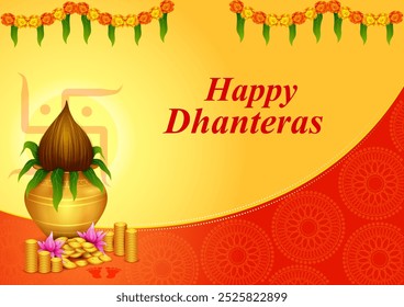 ilustração vetorial de ouro Kalash com diya decorado para feliz Dhanteras Diwali festival celebração de férias da Índia saudação fundo