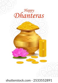 vector illustration of Gold Kalash with decorated diya for Happy Dhanteras Diwali festival holiday celebration of India greeting background