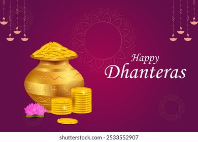 ilustração vetorial de ouro Kalash com diya decorado para feliz Dhanteras Diwali festival celebração de férias da Índia saudação fundo