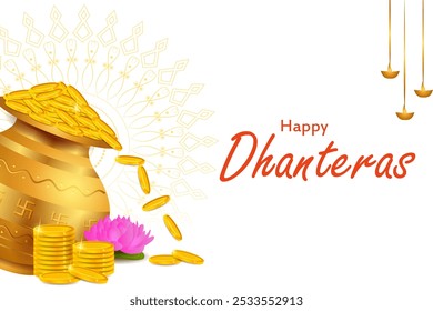vector illustration of Gold Kalash with decorated diya for Happy Dhanteras Diwali festival holiday celebration of India greeting background