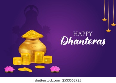 vector illustration of Gold Kalash with decorated diya for Happy Dhanteras Diwali festival holiday celebration of India greeting background