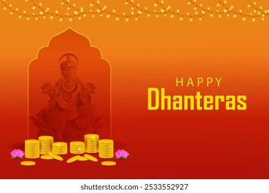 vector illustration of Gold Kalash with decorated diya for Happy Dhanteras Diwali festival holiday celebration of India greeting background