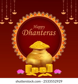 vector illustration of Gold Kalash with decorated diya for Happy Dhanteras Diwali festival holiday celebration of India greeting background