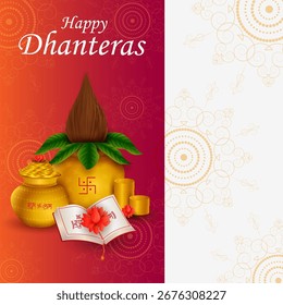 Ilustración vectorial de Kalash de oro con diya decorado para la celebración de las fiestas del festival Happy Dhanteras Diwali de la India