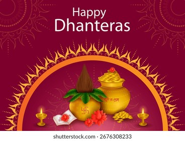 vector illustration of Gold Kalash with decorated diya for Happy Dhanteras Diwali festival holiday celebration of India greeting background