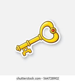 Vector illustration. Gold key in heart shape. Valentine's Day symbol. Cartoon sticker in comic style with contour. Decoration for greeting cards, posters, patches, prints for clothes, emblems