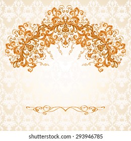 Vector illustration of a gold lace pattern or Baroque, Victorian style. 
Luxury design with space for text and background of a similar element. 
For wedding invitations, greeting cards.
