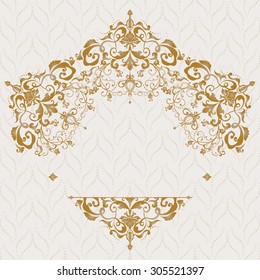 Vector illustration of a gold lace pattern or Baroque, Victorian style. 
Luxury design with space for text and background of a similar element. 
For wedding invitations, greeting cards.