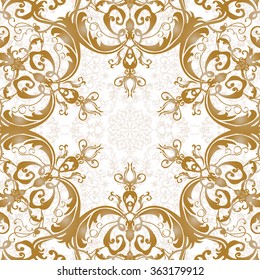 Ilustración vectorial de un patrón de encaje de oro o estilo barroco, victoriano. 
Diseño de lujo con espacio para texto y fondo de un elemento similar. 
Para invitaciones de boda, tarjetas de felicitación.