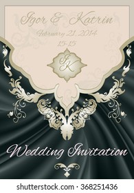 Vector illustration of a gold lace pattern or Baroque, Victorian style. 
Luxury design with space for text. 
For wedding invitations, greeting cards.  Volume drapery,