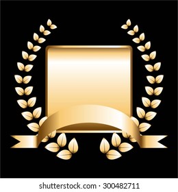 Vector illustration of Gold laurel wreath and  gold ribbon on a black background.