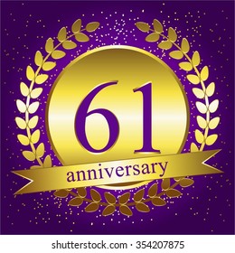 Vector illustration of Gold laurel wreath and ribbon on a purple background. Anniversary - 61.