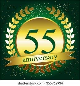 Vector illustration of Gold laurel wreath and ribbon on a green background. Anniversary - 55.