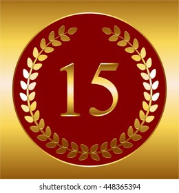 Vector illustration of Gold laurel wreath on a red background. Anniversary - 15.
