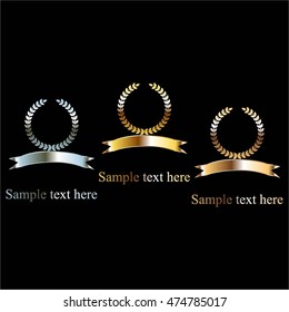 Vector illustration of Gold laurel wreath and ribbon, silver and bronze on a black background. Text.