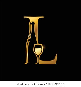 A vector Illustration of Gold Letter L with Wine Bottle and Glass 