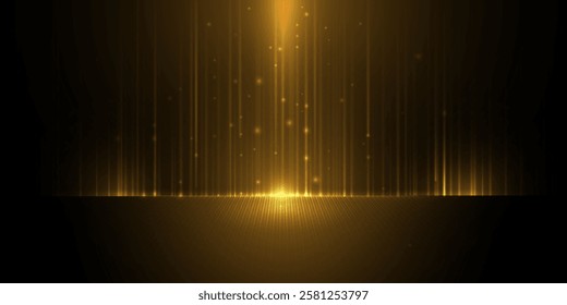 Vector illustration gold light ray, stage scene for luxury poster, template premium award design. Abstract elegant golden, glow with glitter, lighting effect sparkle on black background.