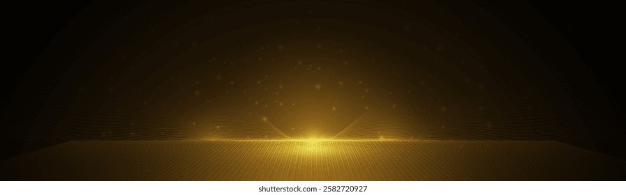 Vector illustration gold light ray, stage scene for luxury poster, template premium award design. Abstract elegant golden, glow with glitter, lighting effect sparkle on black background.