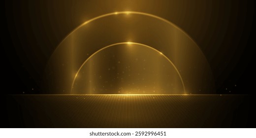 Vector illustration gold light ray, stage scene for luxury poster, template premium award design. Abstract elegant golden, glow with glitter, lighting effect sparkle on black background.
