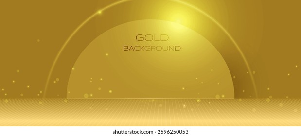Vector illustration gold light ray, stage scene for luxury poster, template premium award design. Abstract elegant golden, glow with glitter, lighting effect sparkle on black background.