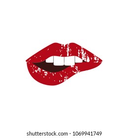 Vector illustration of gold lip icon card. Isolated on white background. Mouth in glittery effect and glossy style.