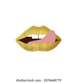 Vector illustration of gold lip icon card. Isolated on white background. Mouth in glittery effect and glossy style.