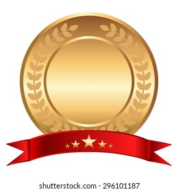 Vector illustration of Gold medal with laurel wreath and red ribbon with 5 stars.