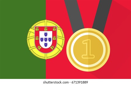 vector illustration of gold medal with number one on portugal flag background