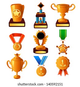 A vector illustration of gold medal and trophy icon sets