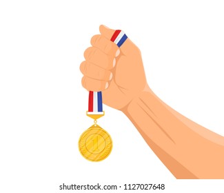 Vector illustration. Gold medal in the winner's hand.