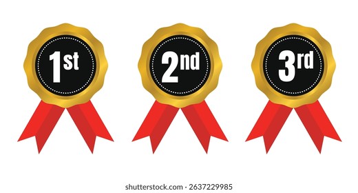 Vector illustration of gold medals for 1st, 2nd, and 3rd place rankings, featuring bold black centers with white text and vibrant red ribbons.