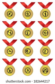 Vector illustration for gold medals with red ribbon for different sports