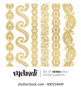 Vector illustration of gold mehndi pattern, set of seamless borders. Traditional indian style, ornamental floral elements for henna tattoo, golden stickers, flash temporary tattoo, mehndi, yoga design