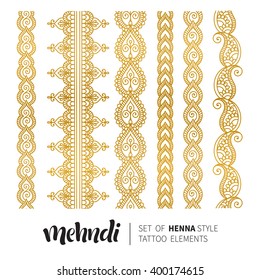 Vector illustration of gold mehndi pattern, set of seamless borders. Traditional indian style, ornamental floral elements for henna tattoo, golden stickers, flash temporary tattoo, mehndi, yoga design