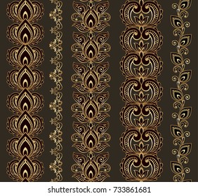 Vector illustration of gold mehndi pattern, set of seamless borders.