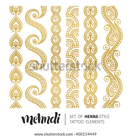 Vector illustration of gold mehndi pattern, set of seamless borders. Traditional indian style, ornamental floral elements for henna tattoo, golden stickers, flash temporary tattoo, mehndi, yoga design