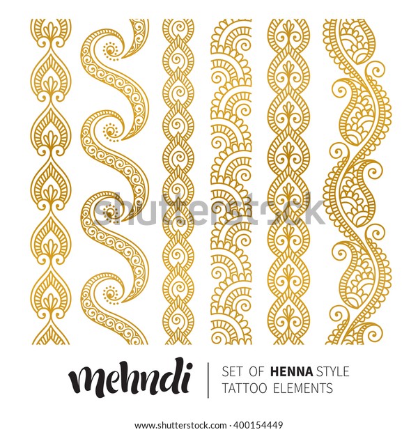 金色のメンディ模様のベクターイラスト シームレスな縁取りのセット 伝統的なインド風の花柄 ヘンナタトゥー用の装飾花柄エレメント 金のステッカー フラッシュテンポラリータトゥー メンディ ヨガデザイン のベクター画像素材 ロイヤリティフリー