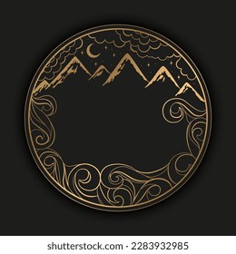 Vector illustration with gold mountains, waves, clouds and place for text isolated on black background. Elegant authentic design template for print, card, wallpaper, poster, banner