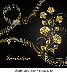 Vector illustration with gold music notes and roses on black background.