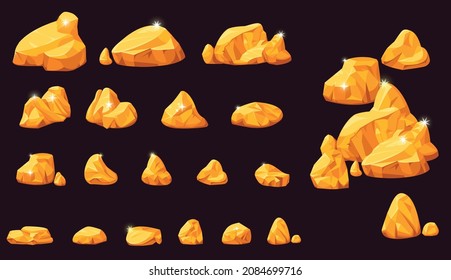 Vector illustration of gold nuggets, set of golden stones isolated on dark background, shiny gold in nature, large medium and small size