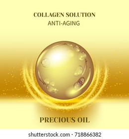 Vector Illustration of gold oil bubbles on precious background.Collagen emulsion in water. Gold serum droplets.Package design cosmetic products.
