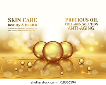 Vector Illustration of gold oil bubbles on precious background.Collagen emulsion in water. Gold serum droplets.Package design cosmetic products.