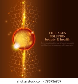 Vector Illustration of gold oil bubbles on precious background.Collagen emulsion in water. Gold serum droplets.Package design cosmetic products.