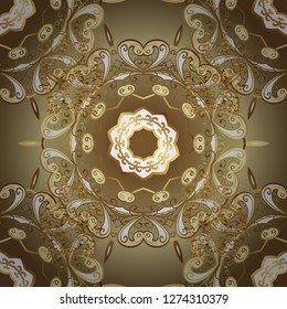 Vector illustration. Gold on brown and beige colors. Decorative symmetry arabesque. Good for greeting card for birthday, invitation or banner. Seamless medieval floral royal pattern.