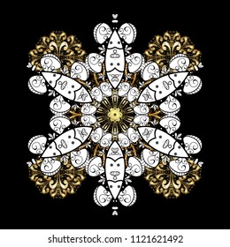 Vector illustration. Gold on green, blue and brown colors. Seamless medieval floral royal pattern. Decorative symmetry arabesque. Good for greeting card for birthday, invitation or banner.