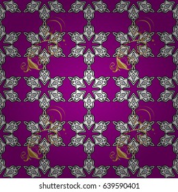Vector illustration. Gold on magenta background. Seamless pattern medieval floral royal pattern. Decorative symmetry arabesque. Good for greeting card for birthday, invitation or banner.