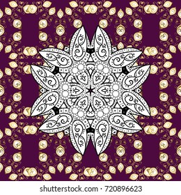 Vector illustration. Gold on purple background. Good for greeting card for birthday, invitation or banner. Seamless pattern medieval floral royal pattern. Decorative symmetry arabesque.