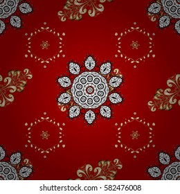 Vector illustration. Gold on red background. Decorative symmetry arabesque. Good for greeting card for birthday, invitation or banner. Seamless pattern medieval floral royal pattern.