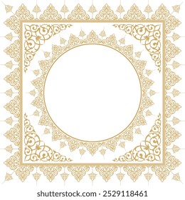 Vector illustration of gold ornamental design pattern on a square frame and round in the center, suitable for calligraphy frames, mosque decoration, used with text placement in the center.